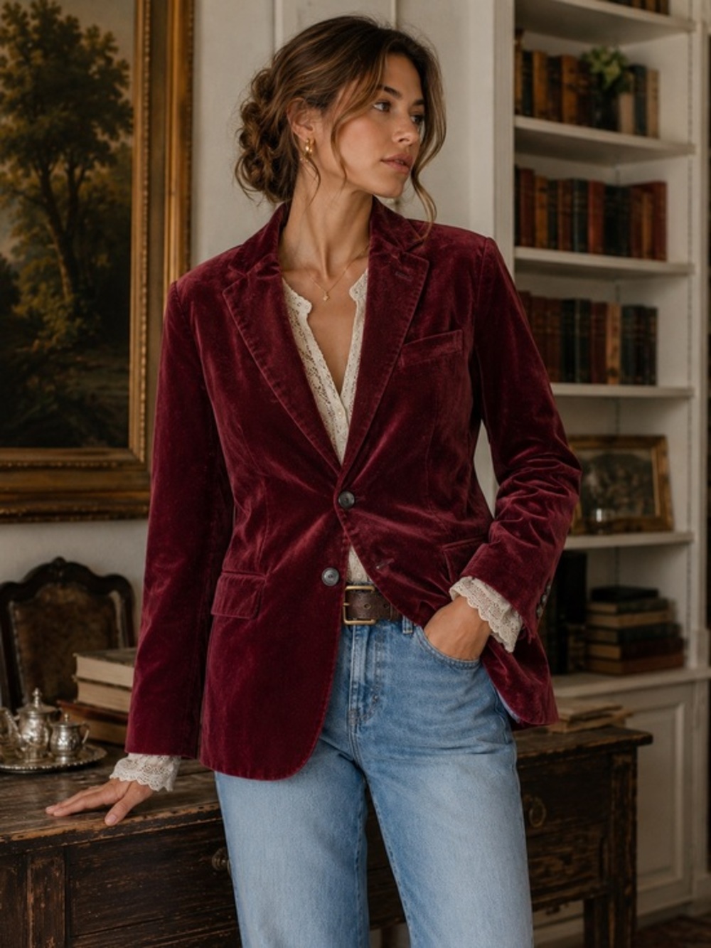 IZOD Burgundy Velvet Blazer Size 12 Wine Velvet Jacket Old Money Quiet Luxury